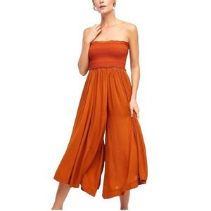 Free People Once Upon A Rainbow Strapless Wide Leg Jumpsuit Size S Rust Gaucho
